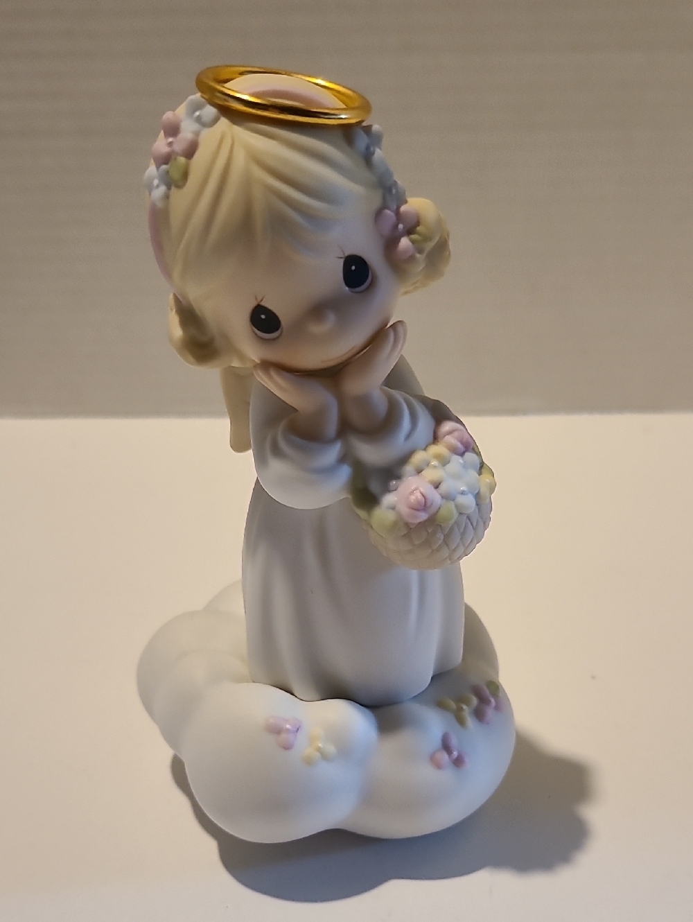 Precious Moments White Angel Figurine with Gold Halo and Pastel Flowers